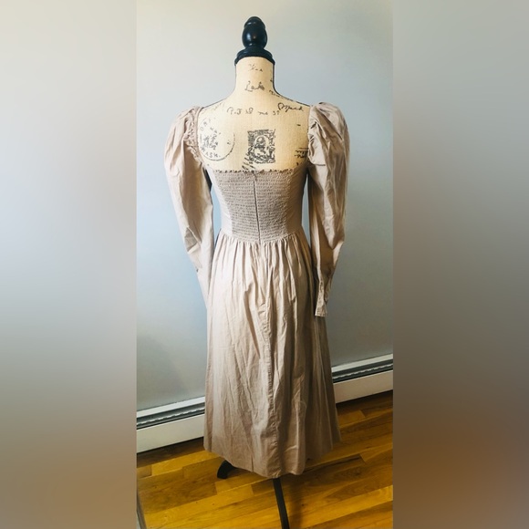 REFORMATION TAUPE PUFF SLEEVE PRINCESSCORE COTTAGECORE ROYALCORE MIDI DRESS - Picture 3 of 12